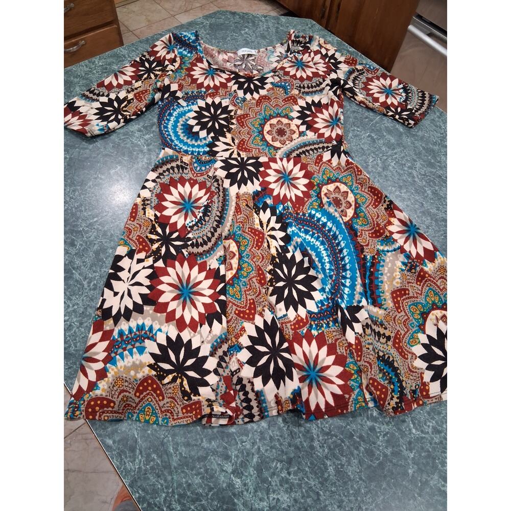 Persaya Geometric Dress A Line Boho Grannycore Circle Stretch Womens L Colorful